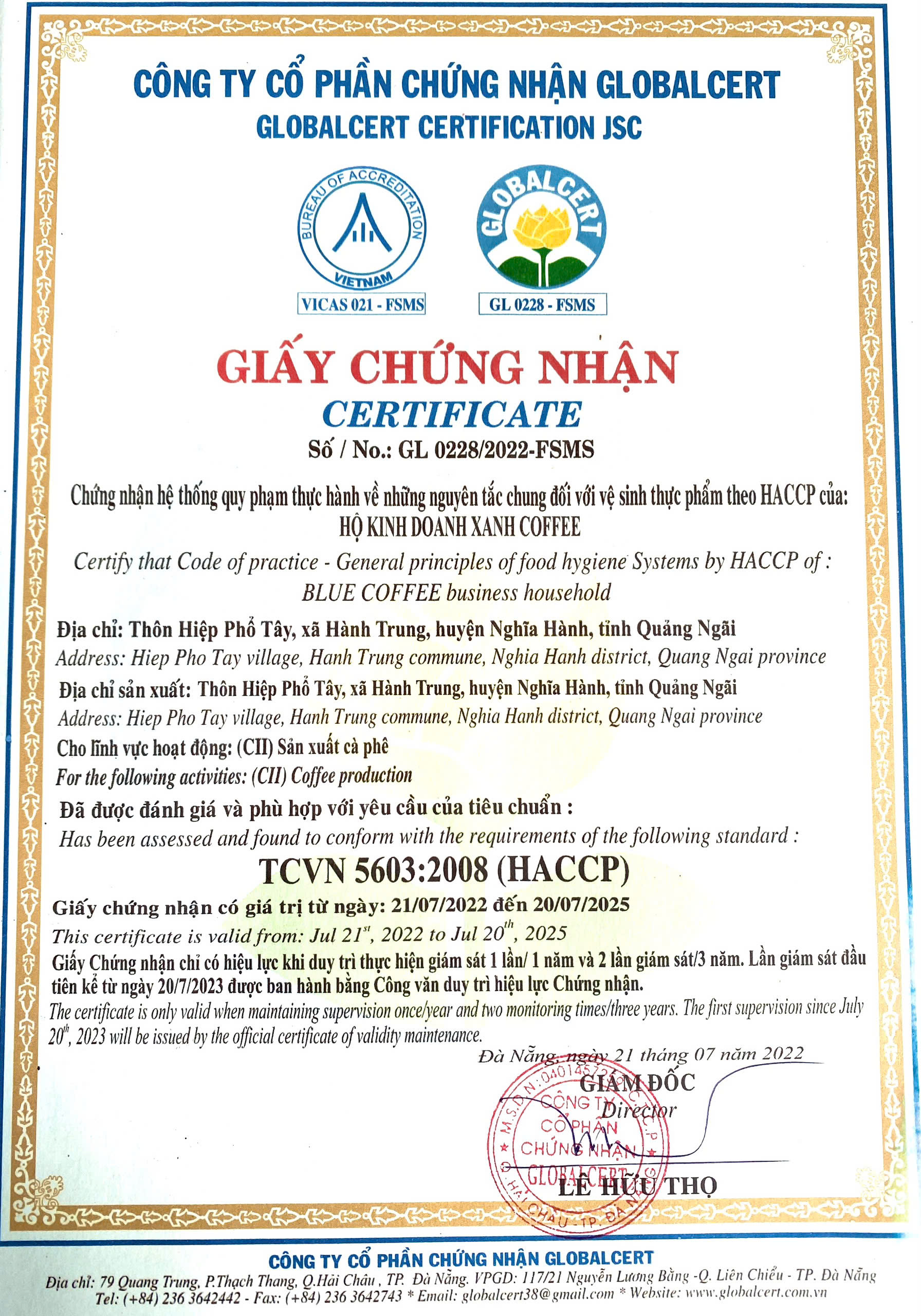 Xanh Cà Phê đạt chứng nhận HACCP