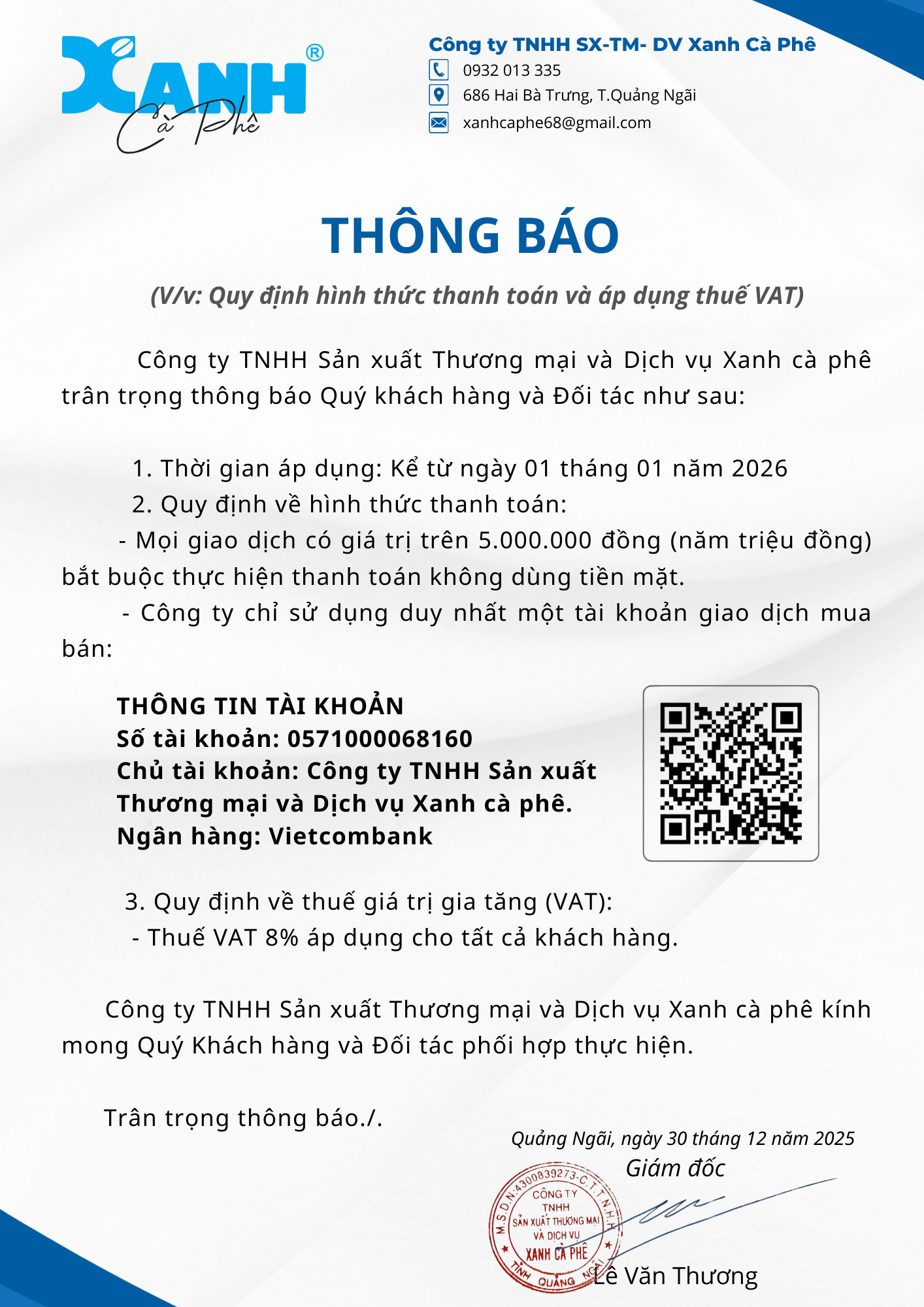 THÔNG BÁO VỀ VIỆC QUY ĐỊNH HÌNH THỨC THANH TOÁN VÀ ÁP DỤNG THUẾ VAT